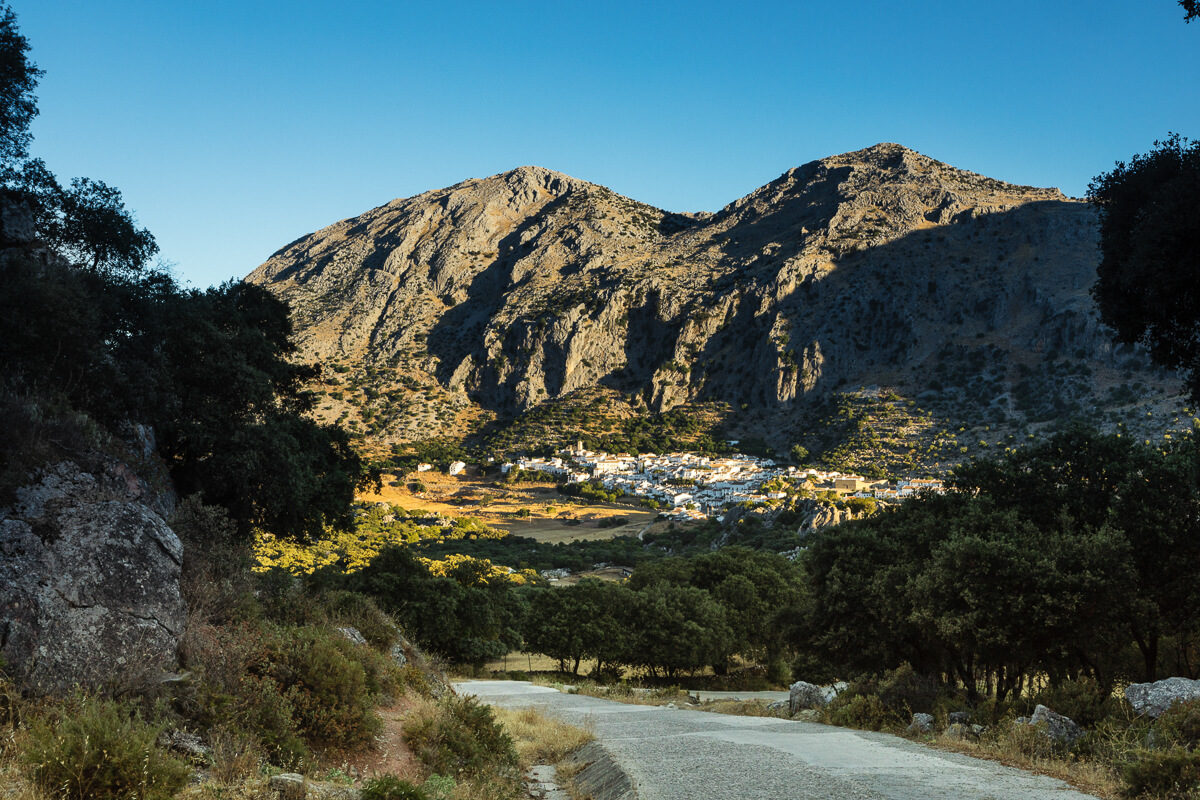 View over White village of Villaluenga del Rosario perfect location for cycle holidays Sierra de Grazalema